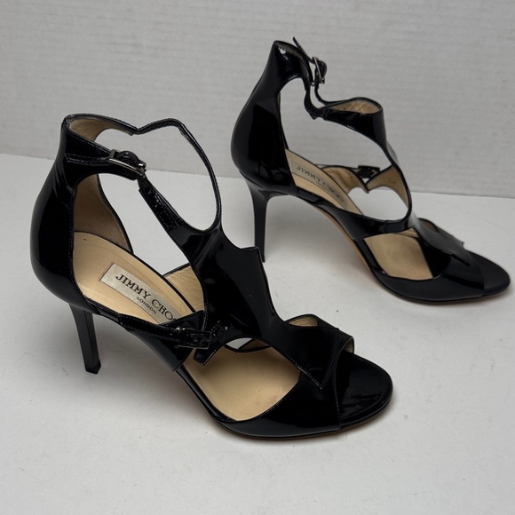 Jimmy Choo Shoes - JIMMY CHOO Lotus Glossy Black‎ Patent Leather Cut Out Strappy 3" Heels Size 36